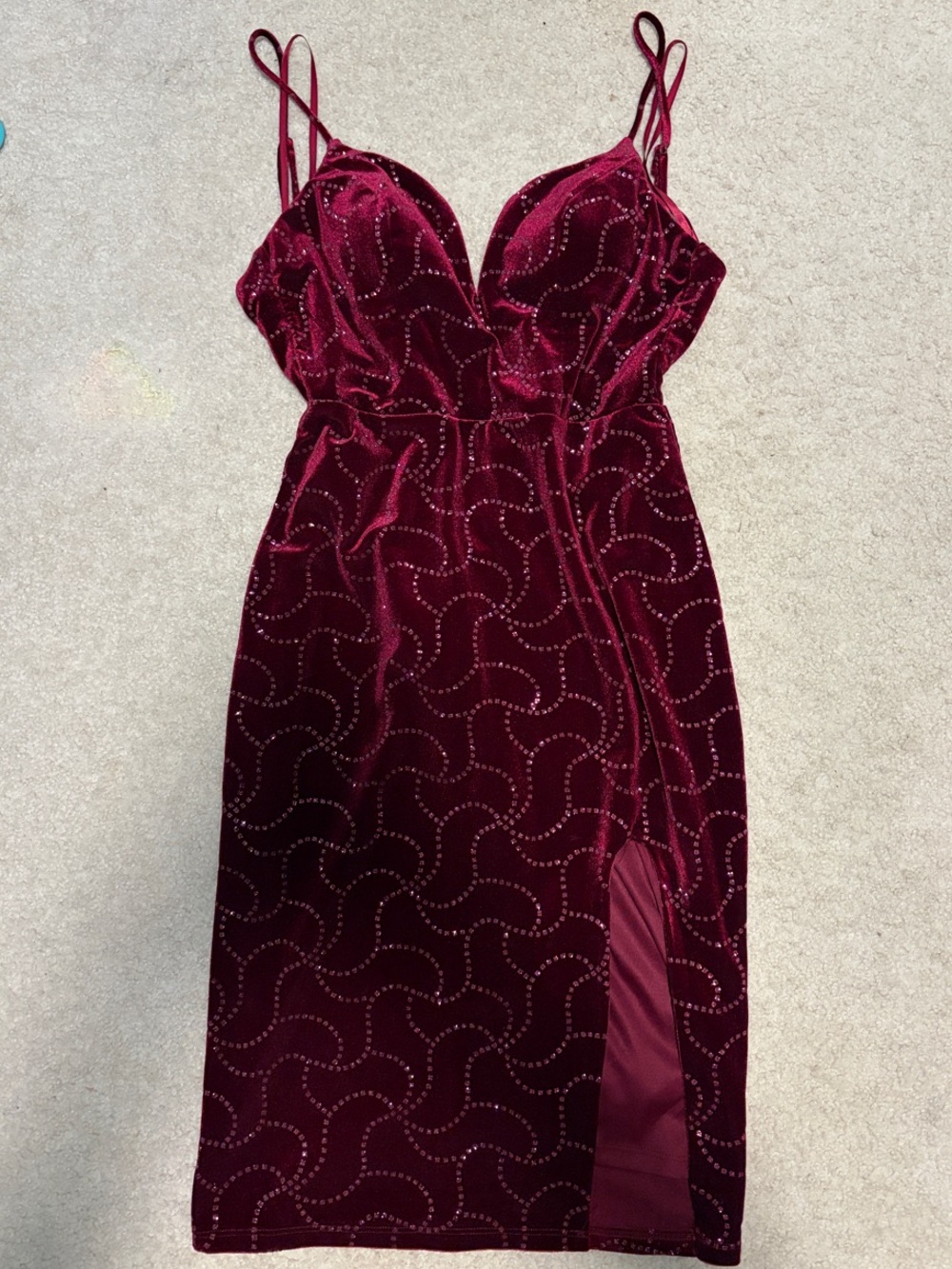Velvet Burgundy Spaghetti-Strap Midi Dress